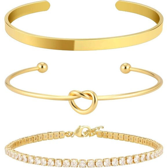 14K Real Gold-B Plated Bangle Cuff Non Tarnish Trendy Stack Bracelets for Women - Picture 1 of 6